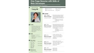 One Page Resume With Skills Of Web Developer PDF Document PPT Template