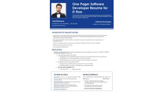 One Page Software Developer Resume For IT Firm PDF Document PPT Template