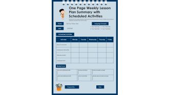 One Page Weekly Lesson Plan Summary With Scheduled Activities PDF Document PPT Template