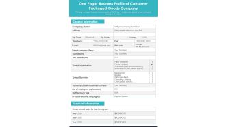 One Pager Business Profile Of Consumer Packaged Goods Company PDF Document PPT Template