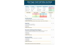 One Pager Cold Call Follow Up Sheet PDF Document PPT Template