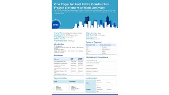 One Pager For Real Estate Construction Project Statement Of Work Summary PDF Document PPT Template