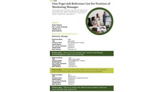 One Pager Job Reference List For Position Of Marketing Manager PDF Document PPT Template