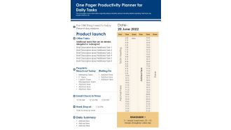 One Pager Productivity Planner For Daily Tasks PDF Document PPT Template