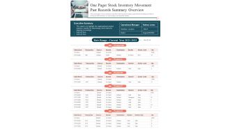 One Pager Stock Inventory Movement Past Records Summary Overview PDF Document PPT Template