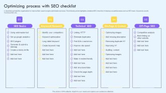Optimizing Process With SEO Checklist Ppt PowerPoint Presentation File Icon PDF