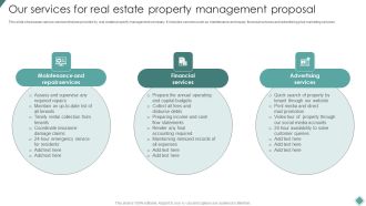 Our Services For Real Estate Property Management Proposal Ppt Model Graphics Download PDF