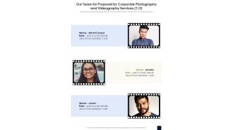 Our Team For Corporate Photography And Videography Services One Pager Sample Example Document