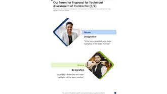 Our Team For Proposal For Technical Assessment Of Contractor One Pager Sample Example Document