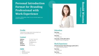 Personal Introduction Format For Branding Professional With Work Experience Ppt PowerPoint Presentation Gallery Demonstration PDF