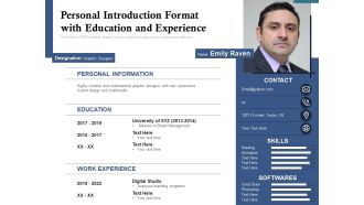Personal Introduction Format With Education And Experience Ppt PowerPoint Presentation Gallery Graphic Tips PDF