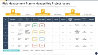 Playbook For Project Administrator Risk Management Plan To Manage Key Project Issues Icons PDF