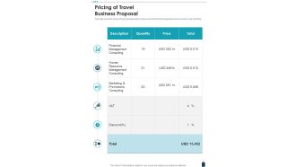 Pricing Of Travel Business Proposal One Pager Sample Example Document