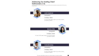 Product Growth Addressing Our Existing Client Testimonials One Pager Sample Example Document