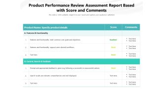 Product Performance Review Assessment Report Based With Score And Comments Ppt PowerPoint Presentation File Inspiration PDF