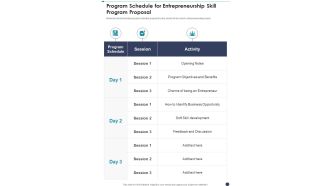 Program Schedule For Entrepreneurship Skill Program Proposal One Pager Sample Example Document