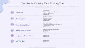 Project Time Management Execution Strategies Checklist For Choosing Time Tracking Tool Sample PDF
