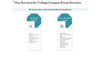 Promoting University Event Our Services For College Campus Event Services Ppt Layouts Brochure PDF