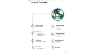Proposal For Hospitality Work Order Table Of Contents One Pager Sample Example Document