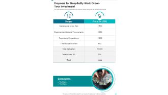 Proposal For Hospitality Work Order Your Investment One Pager Sample Example Document