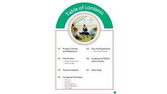 Proposal For Nursery School Table Of Contents One Pager Sample Example Document