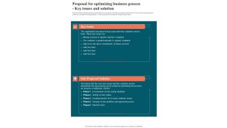 Proposal For Optimizing Business Process Key Issues And Solution One Pager Sample Example Document
