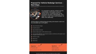 Proposal For Vehicle Redesign Services Next Steps One Pager Sample Example Document