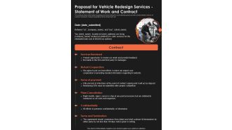 Proposal For Vehicle Redesign Services Statement Of Work One Pager Sample Example Document