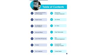 Public Relations Service Contractor Bid Proposal Table Of Contents One Pager Sample Example Document