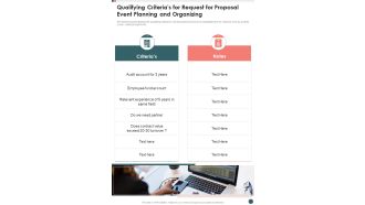 Qualifying Criterias For Request For Proposal Event Planning And Organizing One Pager Sample Example Document