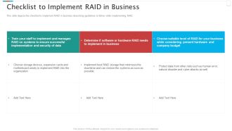 Redundant Array Of Independent Disks Storage IT Checklist To Implement RAID In Business Formats PDF