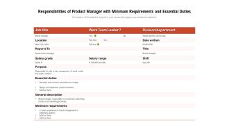 Responsibilities Of Product Manager With Minimum Requirements And Essential Duties Ppt PowerPoint Presentation Inspiration Guidelines PDF
