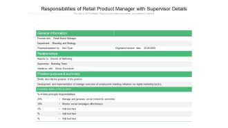 Responsibilities Of Retail Product Manager With Supervisor Details Ppt PowerPoint Presentation File Example Topics PDF