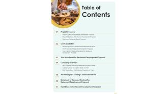 Restaurant Development Proposal Table Of Contents One Pager Sample Example Document