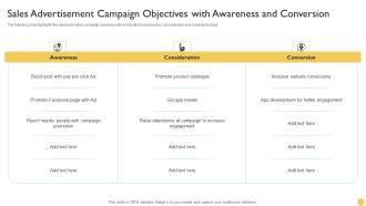 Sales Advertisement Campaign Objectives With Awareness And Conversion Introduction PDF