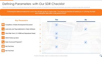 Sales Representative Onboarding Playbook Defining Parameters With Our Sdr Checklist Graphics PDF