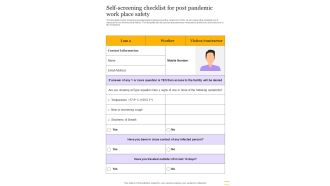 Self Screening Checklist For Post Pandemic Work Place Safety One Pager Sample Example Document