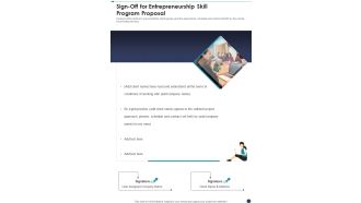 Sign Off For Entrepreneurship Skill Program Proposal One Pager Sample Example Document