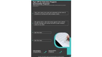 Sign Off For Television Program Sponsorship Proposal One Pager Sample Example Document