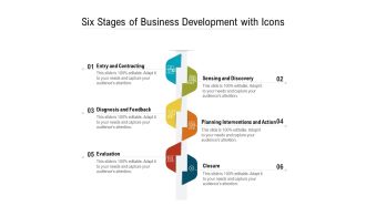 Six Stages Of Business Development With Icons Ppt PowerPoint Presentation Gallery Graphics Pictures PDF