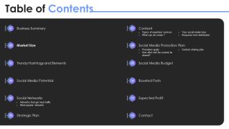 Social Media Promotion Pitch Deck Table Of Contents Elements PDF