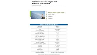 Solar Energy System Sales And Setup Pv Module For Your Project One Pager Sample Example Document