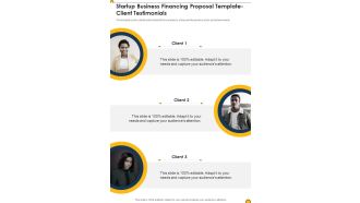Startup Business Financing Proposal Template Client Testimonials One Pager Sample Example Document