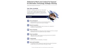 Statement Of Work And Contract For Information Technology Strategic Planning One Pager Sample Example Document