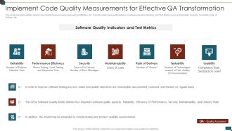Successful Quality Assurance Transition Techniques To Enhance Product Quality Implement Code Quality Measurements Formats PDF