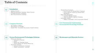 Sustainable Green Manufacturing Innovation Table Of Contents For Clean Production Innovation Portrait PDF