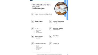 Table Of Content For Data Analysis In Research Project One Pager Sample Example Document
