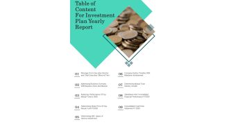 Table Of Content For Investment Plan Yearly Report One Pager Documents