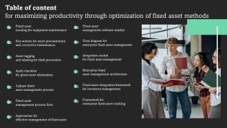 Table Of Content For Maximizing Productivity Through Optimization Of Fixed Asset Methods Infographics PDF