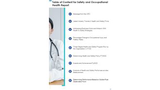 Table Of Content For Safety And Occupational Health Report One Pager Documents